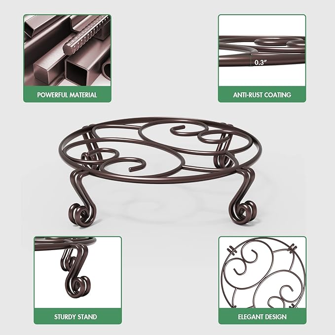 Yimobra 4 Pack Plant Stand for Flower Pot Heavy Duty Potted Holder Indoor Outdoor Metal Rustproof Iron Garden Container Round Supports Rack for Planter (4PC Brown 11.8 x 3.1IN)