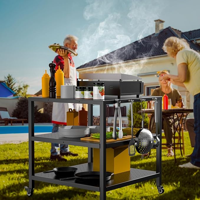 31x31x33 Inch Grill Cart for Outdoor Pizza Oven Table for Ooni, Blackstone, Ninja Grill Stand, Three-Shelf Movable Food Prep and Work Cart Station, Stainless Steel Trolley Table with Waterproof Cover
