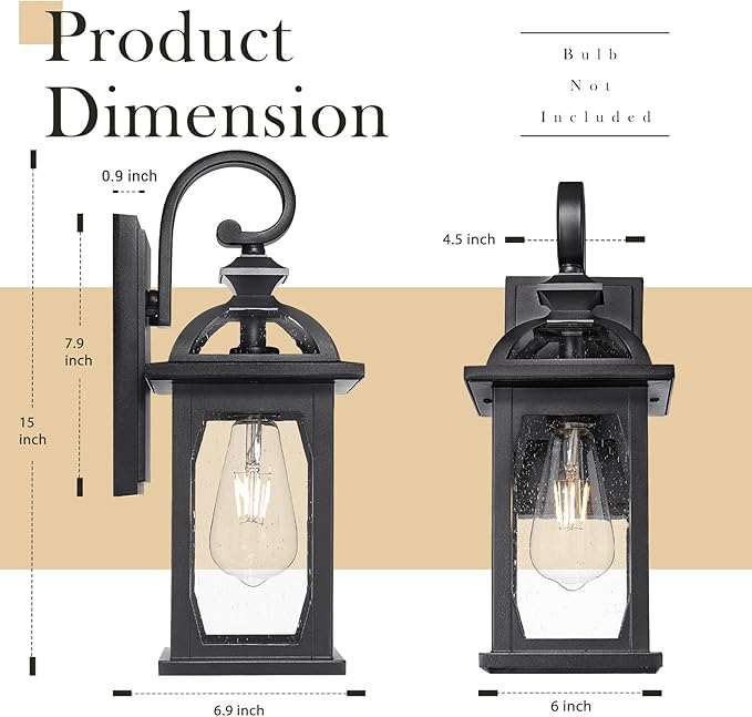 zeyu Outdoor Porch Light Wall Light Fixture, 15 Inch Exterior Wall Lighting for House, Die-Cast Aluminum with Seeded Glass, Black Finish, ZD100B BK