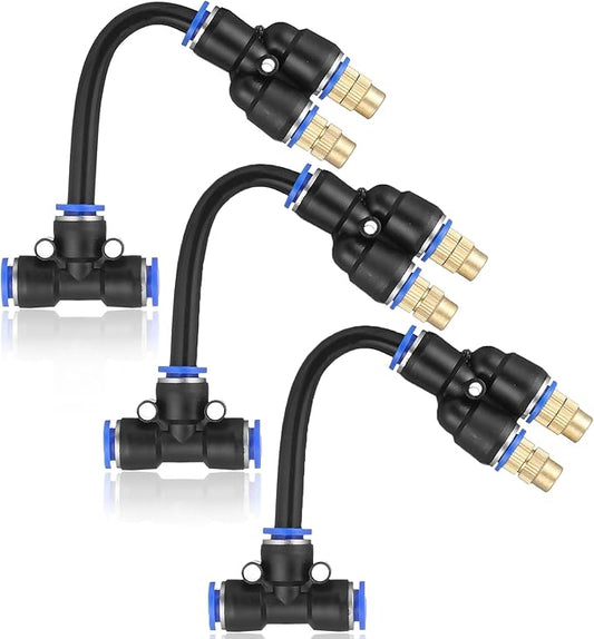 Mornajina 3Packs 2 Way Brass Misting Nozzles Tee with 5inch Built in Hose for Outdoor Cooling System, Adjustable 360° Rotation, Water Mister Nozzles Thread Sprayer 0.043" (1.1 mm)