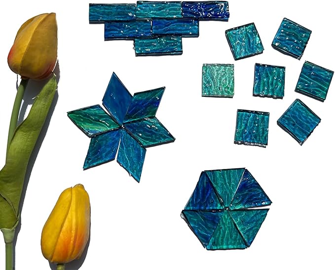 200g Transparent Mosaic Glass Tiles, Large Stained Glass Pieces for DIY Mosaic Craft Supplies, 4 Shapes Mosaic Glass Tiles for DIY Mosiac Present, Pond Water Blue