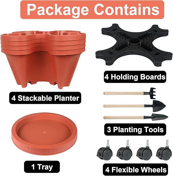 DUNCHATY Stackable Planters 4 Tier Vertical Garden Planting Tower Planters Strawberry, Herb, Flower, and Vegetable Planter Indoor Outdoor Gardening Pots with Removable Wheels and Tools, 2 Bundle
