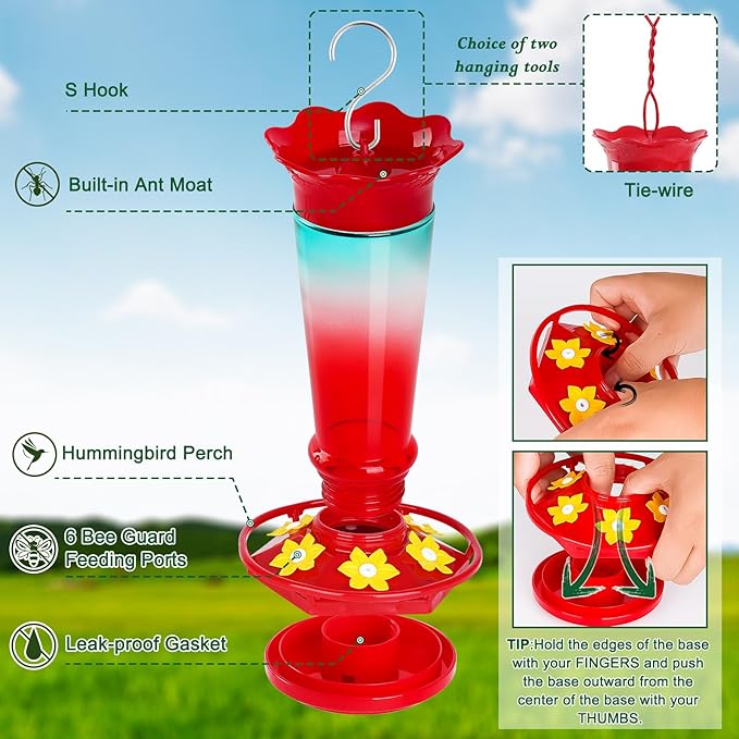 Glass Hummingbird Feeders for Outdoors Hanging Ant and Bee Proof Red & Blue 10OZ 2Pack Bird Feeders for Outside Hanging 6 Feeding Stations Bird Nectar Feeder for Garden Yard Décor Gift for Mom