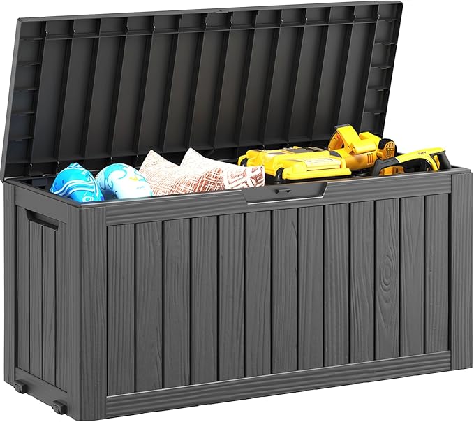 NUNU LAB 75 Gallon Outdoor Storage Box,Large Resin Sturdy Deck Box, Backyard Outside Storage Box Waterproof with Double Wall Panels,Package Delivery Garden Hose Storage Bin Outdoor Tool