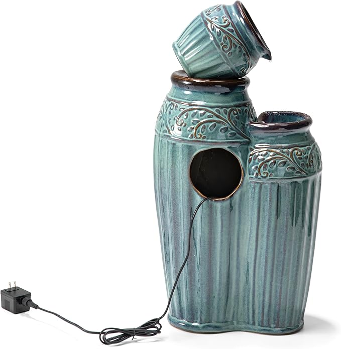 Glitzhome 27.25" H Outdoor Garden Water Fountain with LED Lights and Pump, 4 Tier Turquoise Embossed Pattern Ceramic Pots Cascading Floor Standing Fountain for Porch Deck Patio Backyard Decoration