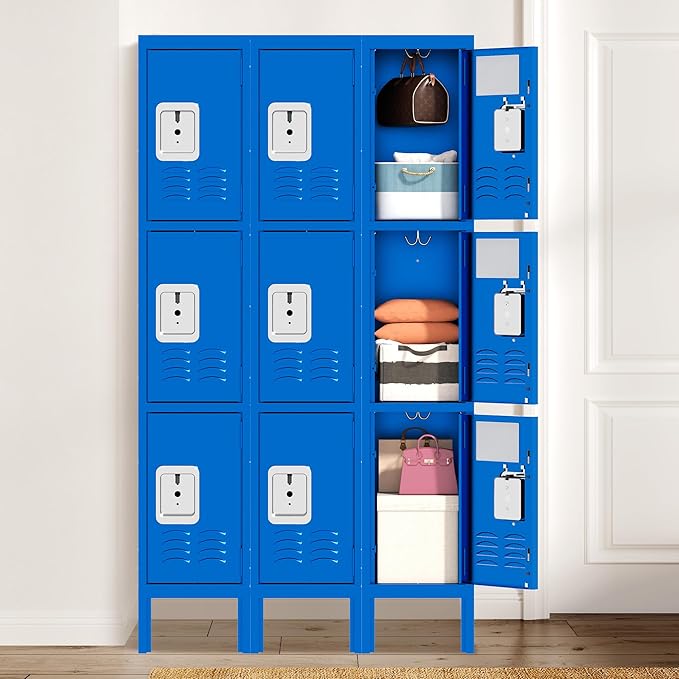 Metal Locker for Employees 66" H Tall Storage Lockers with Lock and Mirror Gym Locker Cabinet with 3 Doors Steel Wardrobe for Office Home School Staff Assembly Required