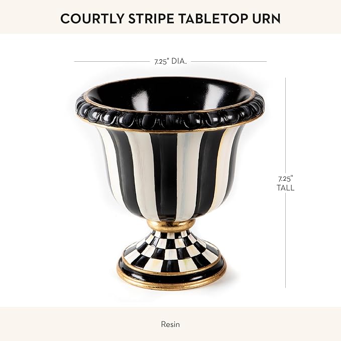 MACKENZIE-CHILDS Pedestal Tabletop Urn, Decorative Centerpiece for Table, Mantel, or Shelf, Small, Black-and-White Courtly Stripe