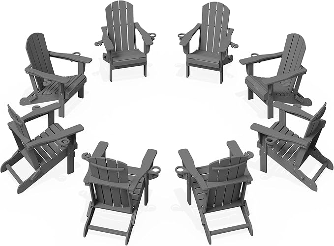 KINGYES Folding Adirondack Chair Set of 8, Dual Cup Holders & All-Weather HDPE, Wood-Like Patio Chair for Backyard, Camping, Pool & Fire Pit, Grey