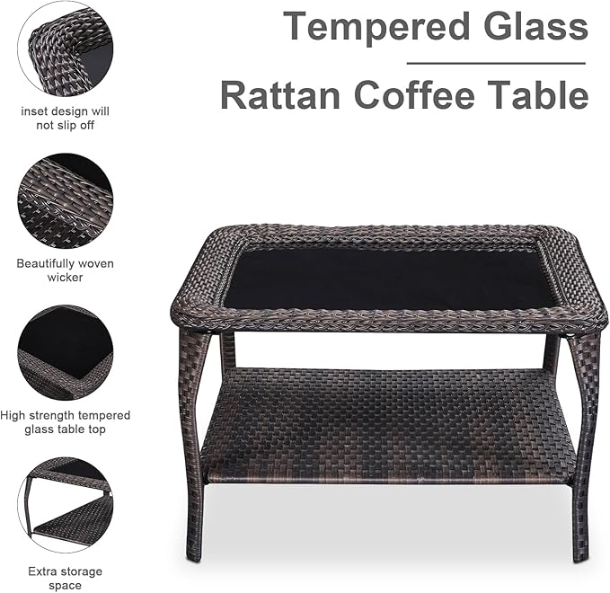 HUMMUH 8 Piece Patio Furniture PE Wikcer Outdoor Furniture Set with Sectional Sofa Swivel Patio Chairs Ottomans and Glass Coffee Table for Yard,Garden,Lawn