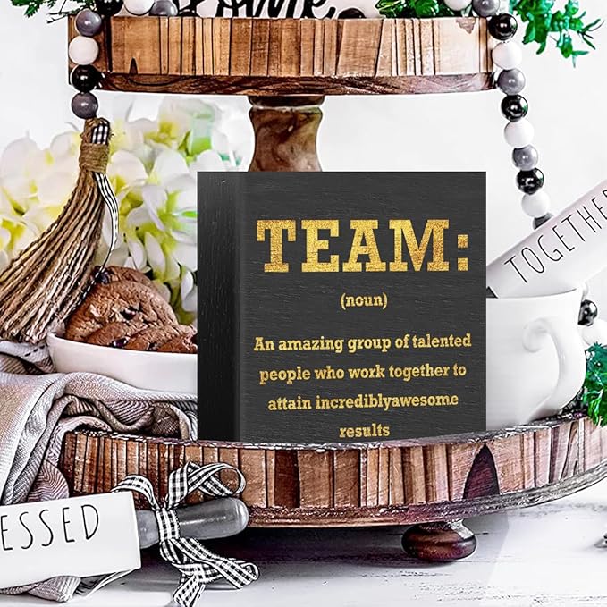 Motivational Team Noun Office Decor Wooden Box Sign, Office Desk Decor Cubicle Desk Accessories, Office Decorations for Work, Coworker Gifts Table Shelf Plaque Sign, Inspirational Wall Decor, Black
