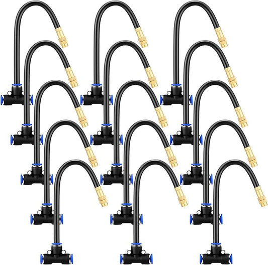 Zonon Brass Misting Nozzles Tee with Built in Hose 360 Degree Rotation Adjustable Water Mister Nozzles Thread Sprayer 0.043" Misting Parts and Accessories for Patio Outdoor Cooling(15 Pcs,8 Inch)