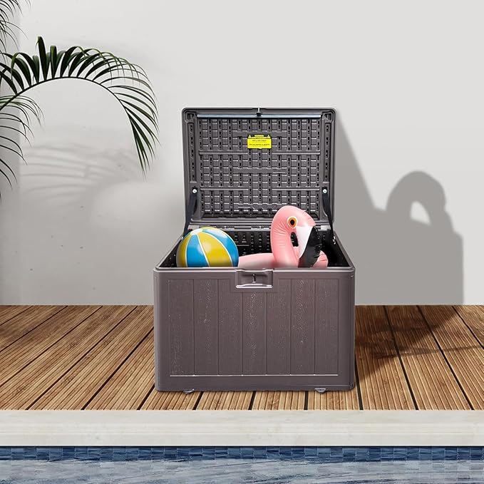 Premium Pro Edition 35 Gallon Lockable Resin Deck Box, Waterproof & UV-Resistant Outdoor Storage Box for Outdoor Storage, Garden Tools & Pool Accessories Storage, Brown