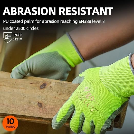 Vgo... 10-Pairs Safety Work Gloves, Gardening Gloves, Polyurethane Coated, Dipping Gloves, Latex Free (Size S, Yellow, PU2103)
