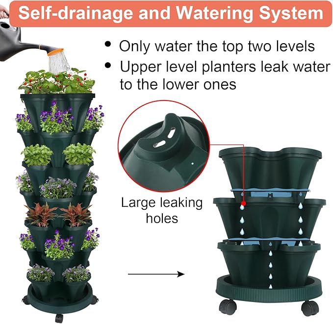 Vertical Planter 7 Tier Stackable Planters Garden Planters Strawberry Herb Flower and Vegetable Planter Indoor Outdoor Gardening Pots with Removable Wheels and Tools 2-Pack