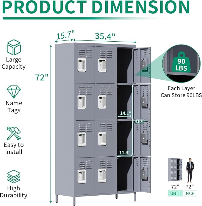 Metal Lockers for Employees, Storage Employee Locker, 72" Storage Lockers with Shelves Steel Cabinet for Home (Gray, 12 Door)