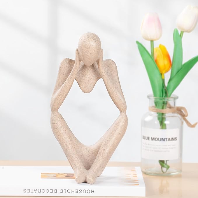 INNOLITES Boho Decor Thinker Statue Abstract Art Sculpture, Sandstone Resin Collectible Figurines for Home Living Room Office Shelf Decoration (Sandstone,Think)