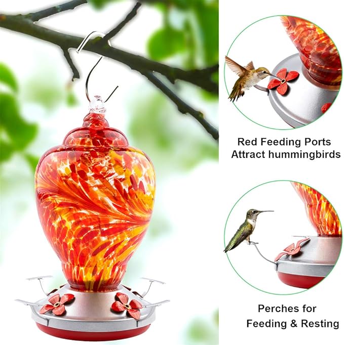 WOSIBO Hummingbird Feeder for Outdoors Patio Large 32 Ounces Colorful Hand Blown Glass Hummingbird Feeder with Ant Moat Hanging Hook, Rope, Brush and Service Card (RED)