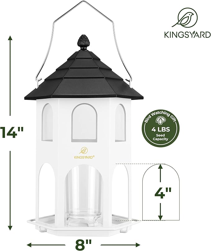 Kingsyard Metal Bird Feeder for Outdoor Hanging, Wild Bird Feeders with Circular Perch, Easy to Clean & Refill, 4 lbs Large Seed Capacity, White