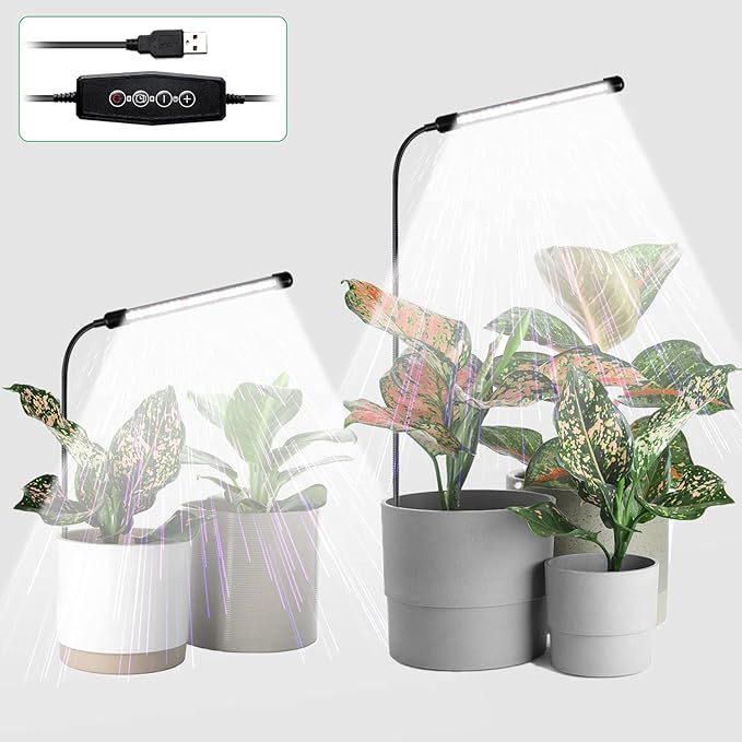 Juhefa Grow Light for Indoor Plants Growing, 6000K Full Spectrum Gooseneck Plant Lamp for Seedings Succulents Small Plants, Auto On/Off Timing & 5 Dimming, 2-Pack