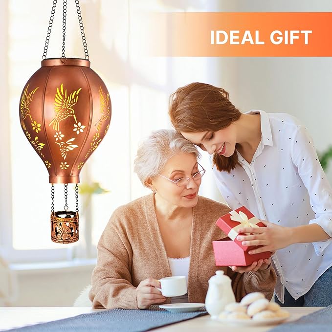 Hot Air Balloon Solar Garden Lights Outdoor Hummingbird Hollowed Metal Hanging LED Solar Lantern Waterproof Light for Garden Patio Yard Porch Christmas Decor Gifts for Women Mom Friends