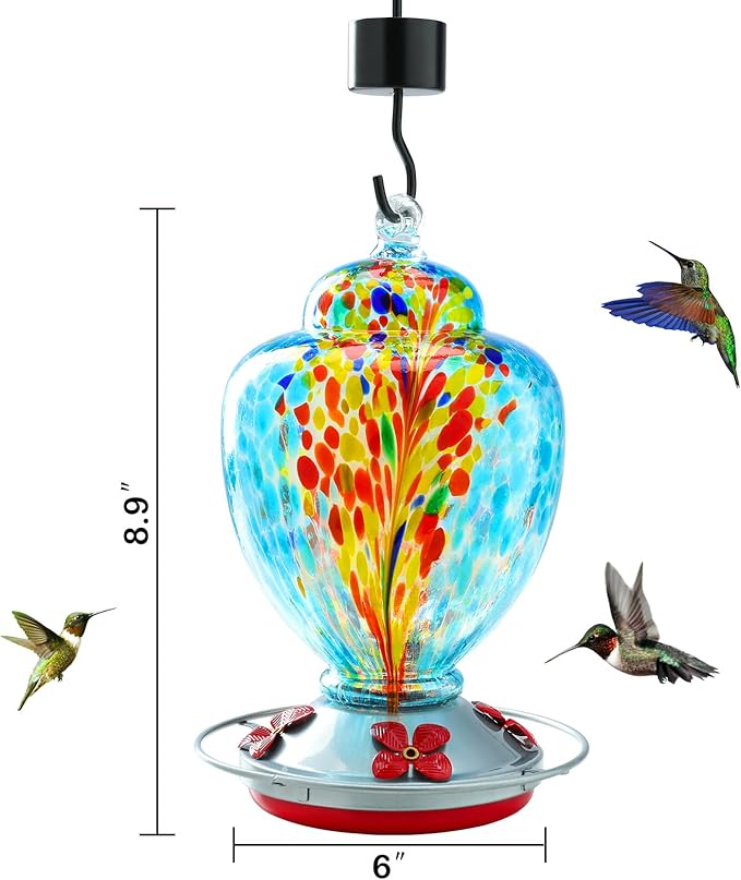 Yinns Glass Hummingbird Feeder for Outdoor Hanging Ant and Bee Proof, Hand Blown Glass Feeder with Ant Moat, Backyard Decoration, Garden Gifts for Women