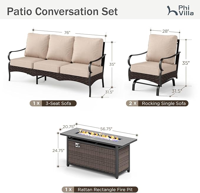 Patio Furniture Set with 56" Fire Pit Table, Premium Outdoor Wicker Metal Frame Furniture with Upgraded Waterproof Thick Cushions for Porch, Poolside, Deck, and Yard （4 Pieces,Beige）