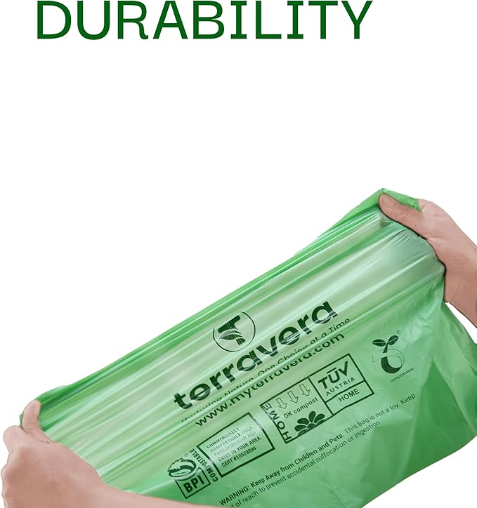 Compostable Trash Bags with Handles | BPI & OK Home Certified ASTM D6400 Standards | Heavy Duty Kitchen & Yard Waste Bags (13 Gallon Flat Top, 50 Count)