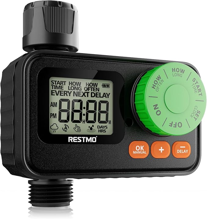RESTMO Sprinkler Timer, Programmable Water Timer for Garden Hose, Automatic Control | Manual ON/Off | Rain Delay for Outdoor Faucet, Drip Irrigation and Lawn Watering System