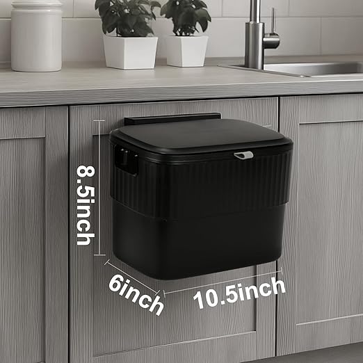 ELPHECO Kitchen Compost Bin with Lid 1.8 Gallon Hanging Trash Can with Lid, 7 Liter Wall-Mounted Garbage Can for Kitchen Cabinet Door, Small Under Sink Trash Can for Counter Top, Bathroom, Black