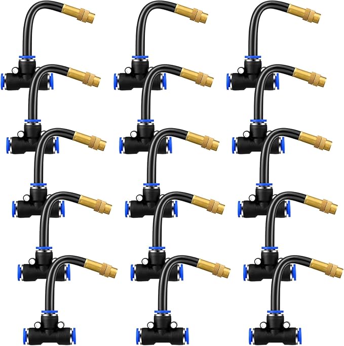 Zonon Brass Misting Nozzles Tee with Built in Hose 360 Degree Rotation Adjustable Water Mister Nozzles Thread Sprayer 0.043" Misting Parts and Accessories for Patio Outdoor Cooling(15 Pcs,4 Inch)