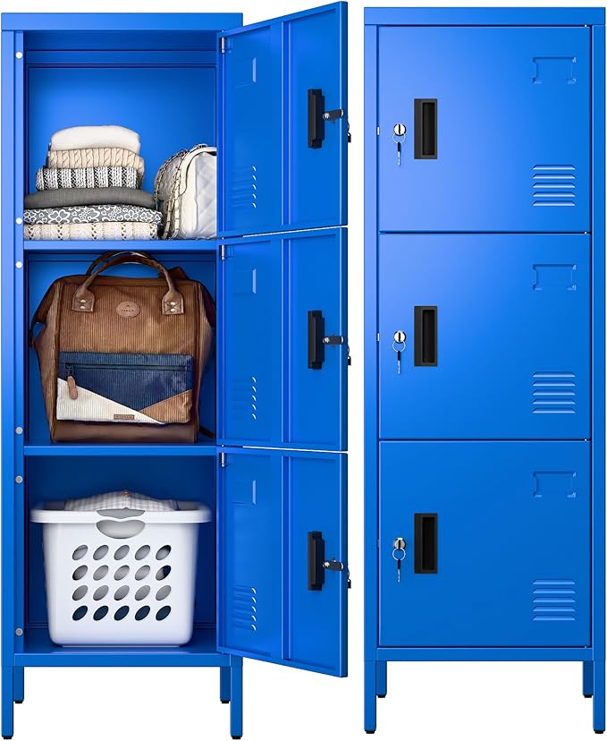 METAN Metal Storage Employees Locker with 3 Lockable Doors,47''H*16''W*16''D Locking Storage Cabinets for Small Spaces,Home,School,Gym,Assembly Required,Blue
