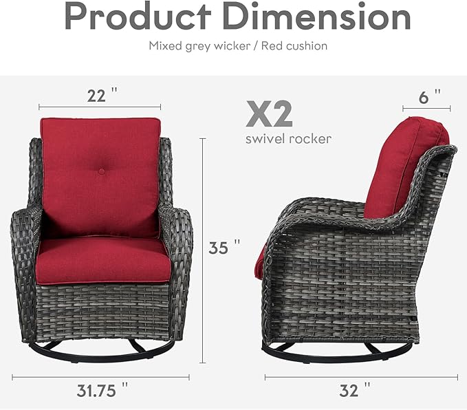Outdoor Swivel Rcoker Wicker Chairs - Swivel Patio Chairs Set of 2 Patio Furniture Sets with Covered Cushion for Porch Deck Balcony Backyard, Red