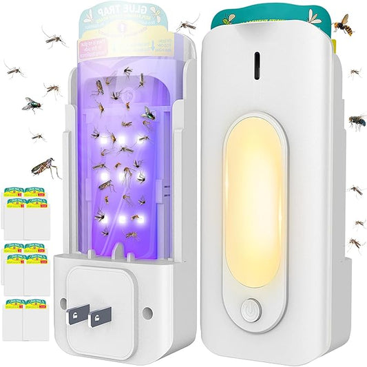 Fruit Fly Trap for Indoors with 10 Refills, 2 in 1 Fly Trap Indoor with Night Light for Home, Gnat Traps for House Indoor, Plug-in Insect Trap for Gnats, Flies, Moths, and Other Bugs-White