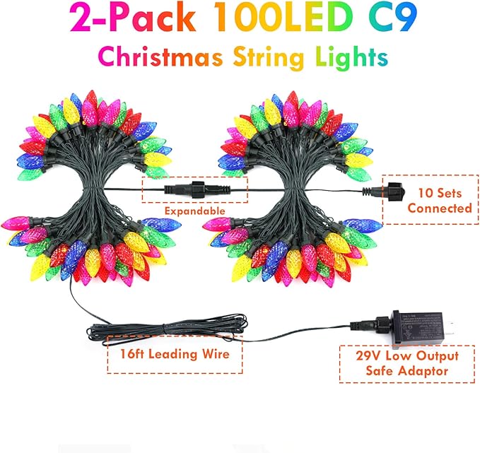 YIQU Extendable 2-Pack 66FT 100 Count C9 Christmas Lights Outdoor/Indoor, Waterproof Green Wire Plug in String Lights for Xmas Tree Garden Patio Wedding Party Decoration (Multicolor)