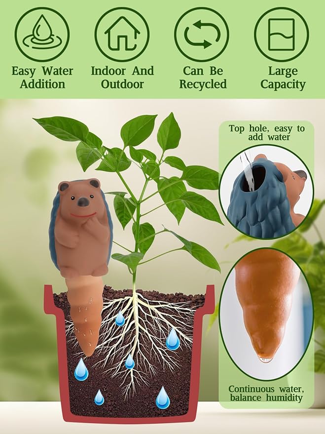 Kalolary 4Pcs Plant Watering Globes, Hedgehog Shape Self Watering Spikes Terracotta Drip Water Stakes Irrigation Watering Bulbs for Pot, Indoor, Outdoor, Vacation