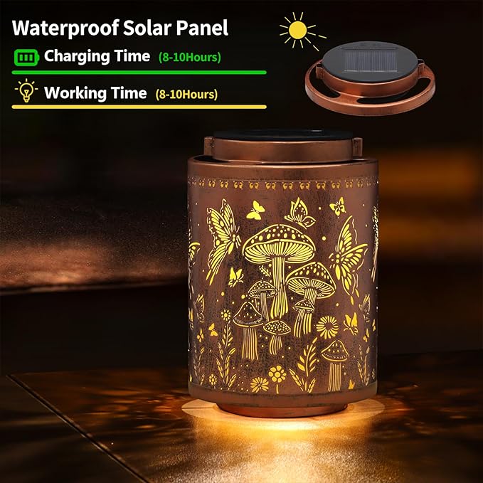 2 Pack Solar Lanterns Outdoor Waterproof Butterfly Garden Decor Gifts for Women Mon Grandma Metal Hanging Solar Lights Decoration for Outside LED Lanterns for Yard Patio Lawn(Mushroom)