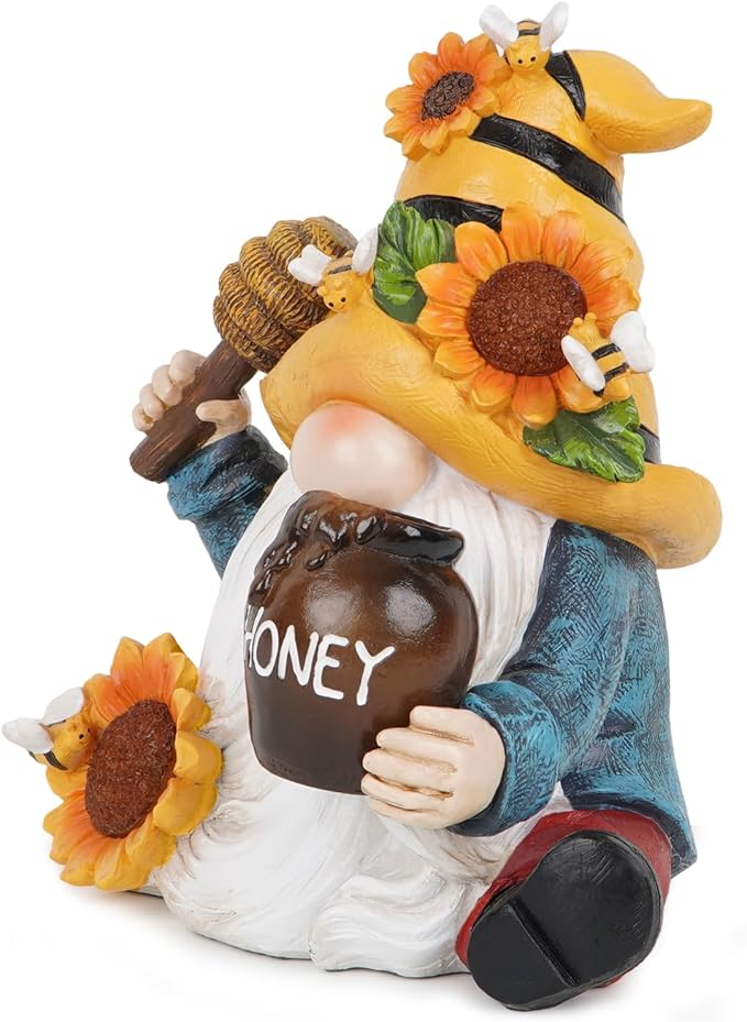 Hodao Spring Resin Garden Bumble Bee Themed Gnome Decorations-Solar-Powered Radiance-Honey Gnomes World Day Gifts Summer Lawn Garden Porch Sculptures & Statues Decorations