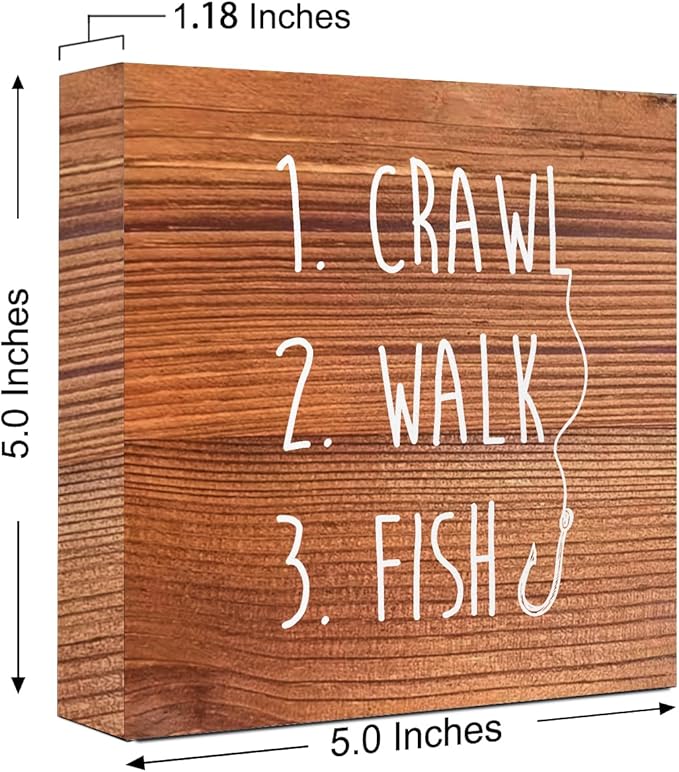 Brown Country Crawl Walk Fish Rustic Wooden Sign Desk Decor,Funny Baby Fishing Wood Block Sign Desk Decorations for Home Bedroom Baby Room Shelf Table Decor