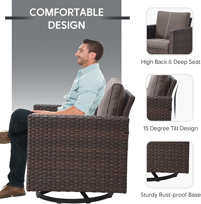 7 Piece Wicker Patio Furniture Set - Outdoor Swivel Rocker Chairs Set with Coffee Table, Side Table, 3 Seat Sofa & Ottomans, Small Patio Conversation Sets for Balcony Deck - Brown/Grey