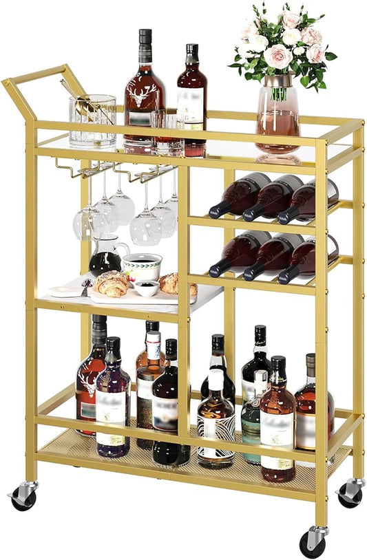 Bar Cart for Home, 3-Tier Serving Cart with Mirrored Top, Beverage Cart with Wine Rack and Glass Holder, Drink Cart with Wheels, for Dining Room, Living Room, Gold and White RCJM7101