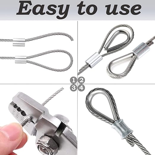 1/8 Inch Stainless Steel Cable 100FT - 7x7 Strand Aircraft Wire Rope with Loop Sleeve & Thimble - Heavy Duty for Deck Railing, String Light Hanging, Garden, Marine, DIY Projects