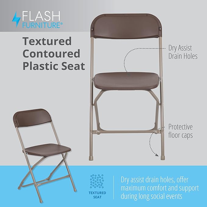Flash Furniture Hercules Series Plastic Folding Chair Brown - 10 Pack 650LB Weight Capacity Comfortable Event Chair-Lightweight Folding Chair