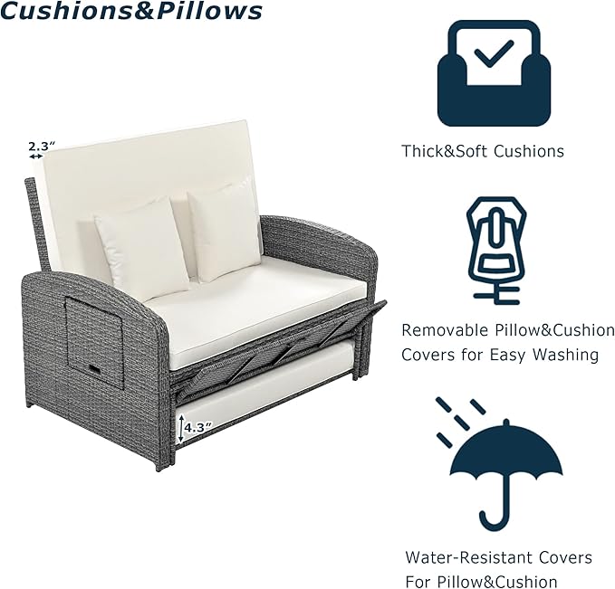 43.7” Patio Rattan Daybed Set, PE Wicker Rattan Double Chaise Lounge, 3-Level Adjustable Back and Cushions, Free Furniture Protection Cover, White