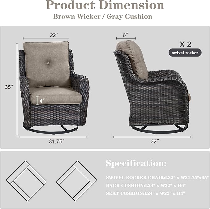 Outdoor Swivel Rcoker Patio Chairs - Outdoor Swivel Patio Chairs Set of 2 Wicker Chair Patio Furniture Sets with Covered Cushion for Porch Deck Balcony Garden, Gray