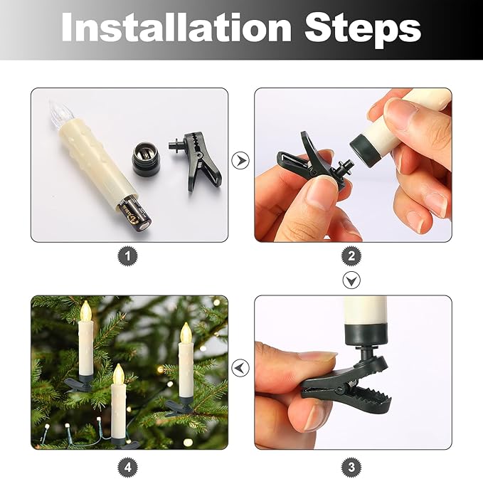 LED Christmas Candles, Flickering Clip on Candles for Christmas Tree, Battery Operated with Remote Timer, Warm White Light, Flameless Taper Candles for Home Christmas Decor, Set of 30