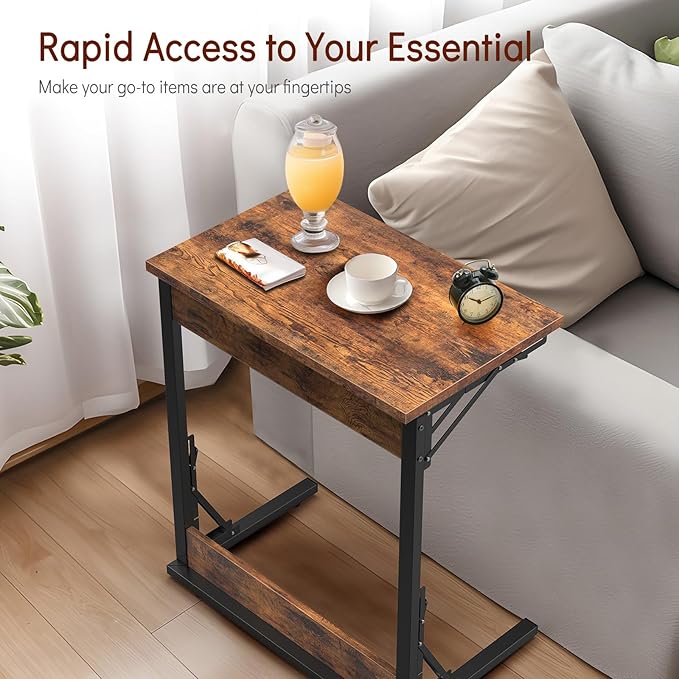 Tatub 24" Folding C Shaped End Table Set of 2, Small Sofa Side Laptop Desk, Couch TV Tray Table for Living Room, Bedroom, Rustic Brown