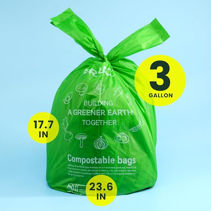 Compost Bags, 3 Gallon Compostable Food Scrap Bags Handle Tie,200 Count (Pack of 2),Certified by BPI and ASTM D6400