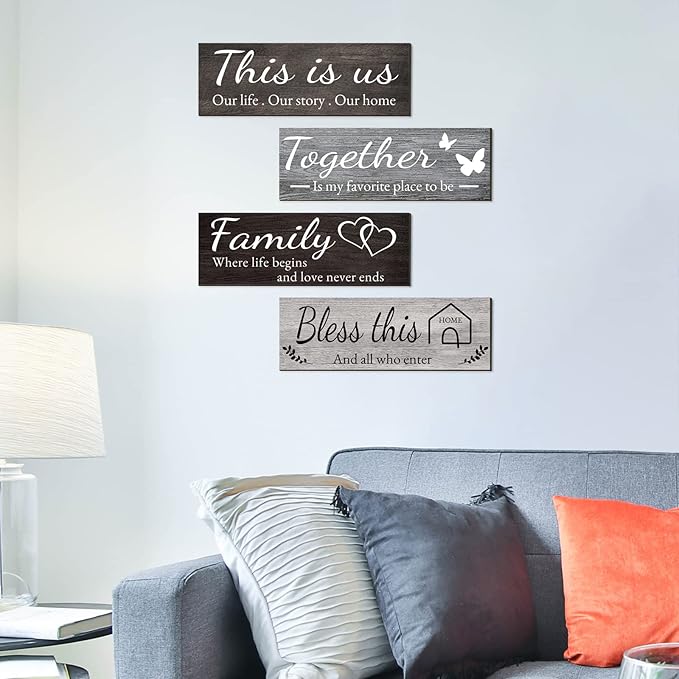 Joyhawk 4 Pieces Home Wall Decor Signs, THIS IS US/TOGETHER/BLESS THIS HOME/FAMILY Wall Decor For Living Room Bedroom, Rustic Wooden Farmhouse Wall Art Decor, 4.7 x 13.8 Inch(Mixed Color)