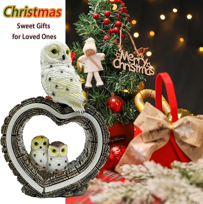 Solar Garden Lights, Solar Sculpture LED Lights, Outdoor Waterproof Handmade Resin Statue, Love Statue Decoration for Path, Yard, Lawn, Gift for Mom Christmas (White Love Owl)