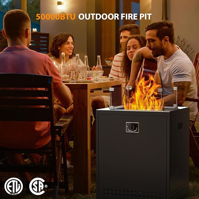 Fire Pit Table Propane Smokeless Fire Pit Outside Heater Patio with Lava Rocks，Glass Wind Guard and Cover,20" Square Fire Pit Table for Balcony Garden Outdoor Camping Deck Backyard,Black